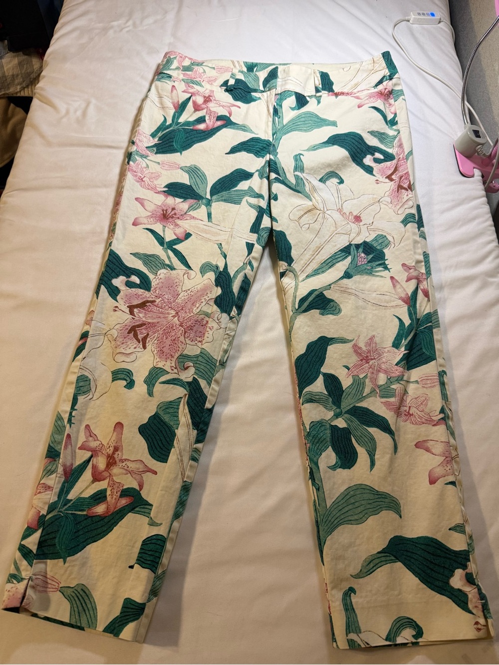 Women’s Floral Print Cream Pants with Green & Pink Accents